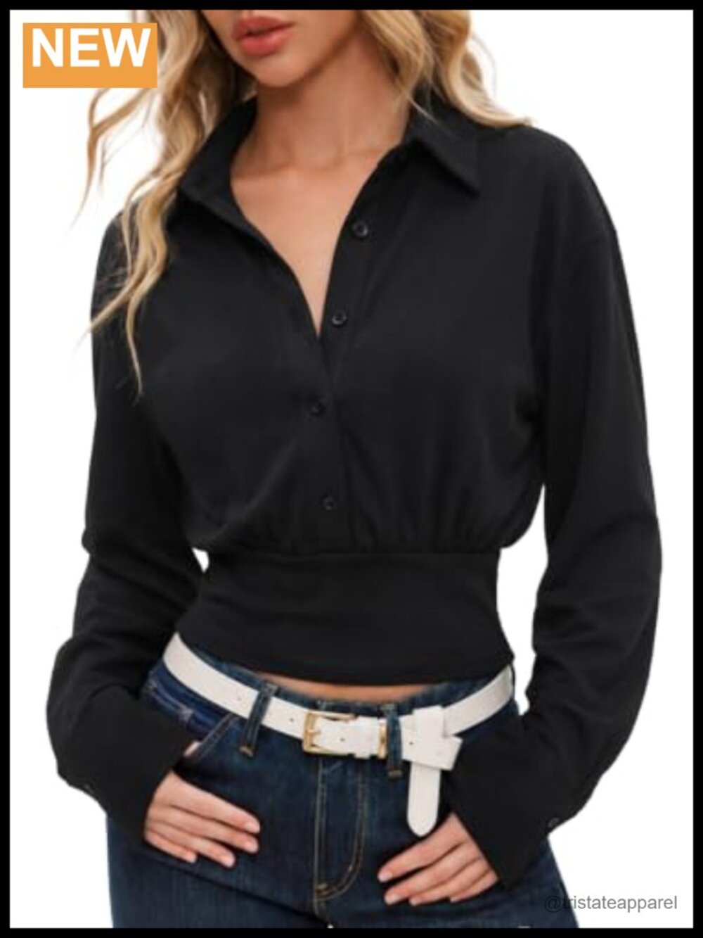 Cropped Button Up Shirt Long Sleeve Cotton Elastane Women V Neck